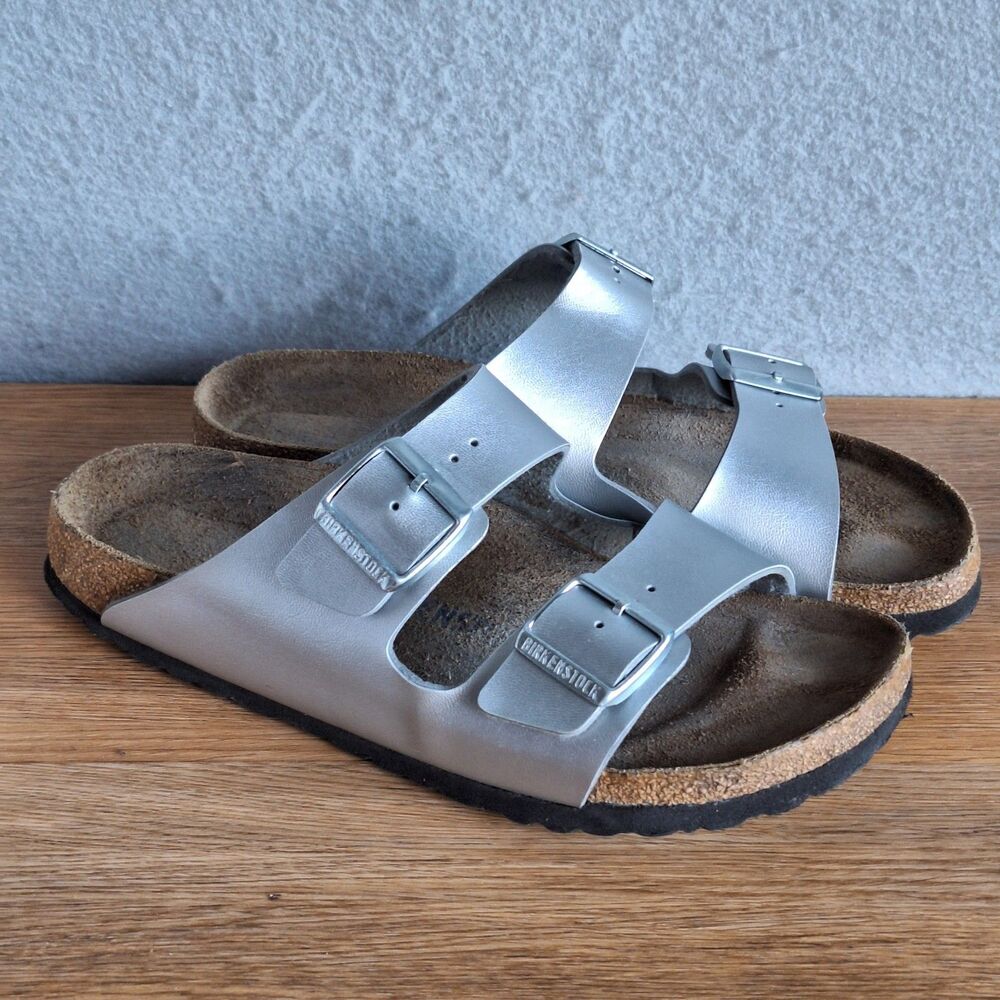 Birkenstock Arizona Sandals Women’s 10 10.5 EU 41 Narrow Silver Birko-flor Shoes